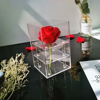 Transparente Rosa Flor de Acrílico Flor Caixa de Armazenamento de Caixa de Organizador de Maquiagem para Meninas de Caixa de Presente de Casamento, Festa de Natal Flor Caixa