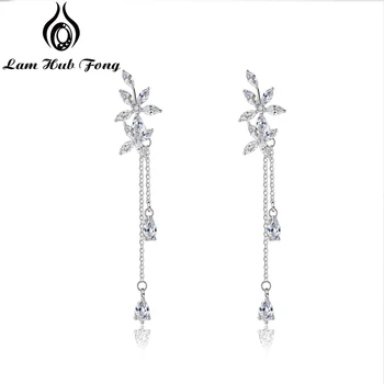 O coreano Moda Longos Brincos de Prata 925 Flor Brincos para Mulheres Zirconia Cúbico de Jóias de Casamento (Lam Hub Fong)