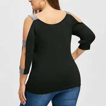 Sexy Off-a-ombro trapezoidal corte superior de Mulheres da Moda Plus Size Escada Corte Reluzente T-shirt O-Pescoço Sólido Topo