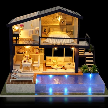 DIY Casa de Boneca da Villa de Madeira, Móveis de Casa em Miniatura Montar o Quebra-cabeça 3D Surpresa Casa de Boneca Princesa da Casa de Brinquedo de Presente das Crianças