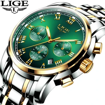 Moda Nova Mens Relógios LIGE Design Clássico Green Dial de Negócios, Relógio Homens Integral à prova d'água relógio de Quartzo do Aço Relógio Masculino