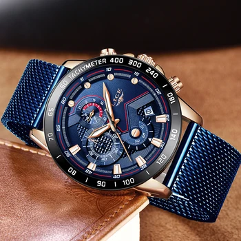 2019 Novo LIGE Azul Casual cinto de Malha de Moda Quartzo Relógio de Ouro, Relógios de homens de melhor Marca de Luxo Impermeável Relógio Relógio Masculino
