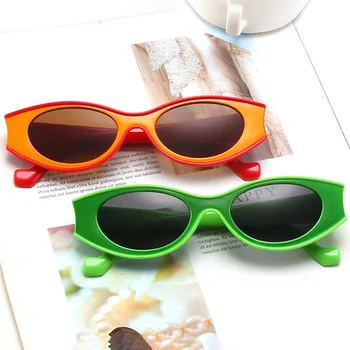 ENTÃO,&EI Moda Pequena de Olhos de Gato Mulheres de Óculos de sol Ins Populares Vintage Oval Lente de Óculos Punk Homens de Verde Laranja Óculos de Sol UV400