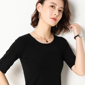 Camisa das mulheres mangas curtas tricô pulôver pulôver suave primavera camisola sólido curto tops sexy o-pescoço magro outerwear