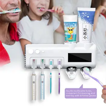 Parede-porta-Escova de dentes pasta de dentes Espremedor Para Wc Cinza Dispensador Automático Acessórios de casa de Banho com Luz UV Esterilizador