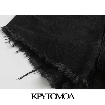 KPYTOMOA Mulheres 2020 Moda Chique Rasgado Buraco Desfiado Guarnição Shorts Jeans Vintage Cintura Alta Botões de Voar Feminino Calças Curtas Jean