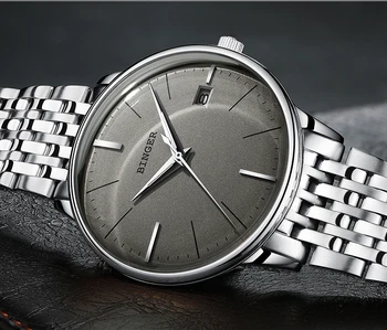 Movimento automático BINGER de melhor Marca de Luxo Homens Relógio Mecânico relógio masculino em Aço Inoxidável Com Pulseira de Cinzento Espelho