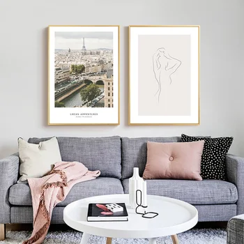 A Cidade De Paris Vista Aérea De Arte Do Cartaz Impressão De Paisagem, Pintura De Parede Estilo Nórdico De Desenho De Linha Imagem Moderna Casa De Decoração Do Quarto
