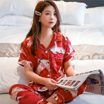WAVMIT Conjuntos de Pijamas para Mulheres Encantadoras Conjunto de Pijama de Seda de Manga Curta + Calça comprida Casa Desgaste Preguiçoso Estilo as Mulheres Cueca Pijamas