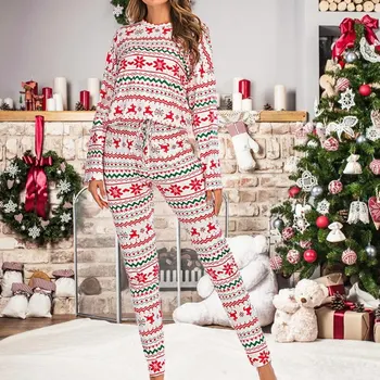 Natal Pijama Duas Peças De Conjuntos De Mulheres De Inverno De Bonito Imprimir Tops De Manga Longa E Calça Comprida Casa Se Ajustar As Senhoras Da Moda De Pijamas