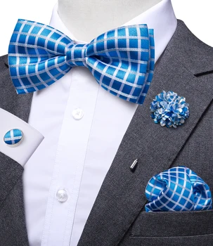 Oi Tie-Novo-Seda Xadrez Azul, gravata borboleta Homens Vintage Moda masculina de Casamento Laços Bolso Quadrado de Punho e Broche Conjunto de Dropship Laços