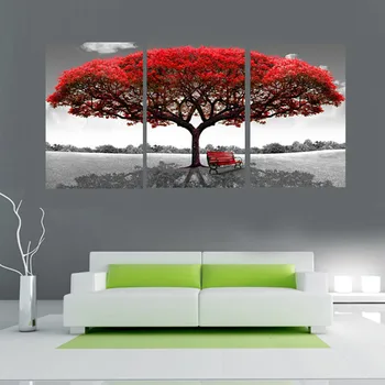 Tela De Pintura Modular Framework Imagem Arte De Parede Decoração Da Casa 3 Painel Vermelho Árvore Para Sala De Estar Moderna De Impressão Tipo
