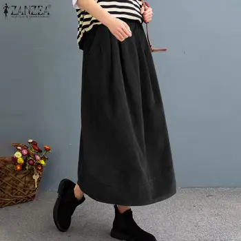 2021 Outono Mulheres do Vintage de Cintura Alta, Saias ZANZEA Longo Faldas Saia Casual Sólido de Veludo Saia Solta Jupe Plus Size