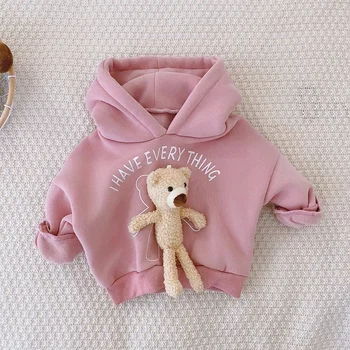 2020 Outono Inverno Nova Chegada de Meninas de Moda Letra 3D Urso Crianças com Capuz cor-de-Rosa de Lã Quente Tops Roupas de Crianças de 1 a 6 Anos