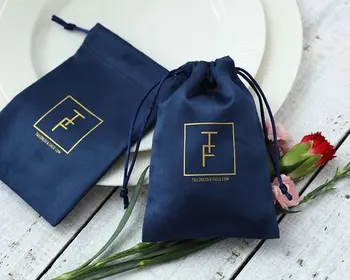 100 Flanela Jóias Bolsas Personalizado Logotipo Azul Marinho de Jóias de Embalagem de Veludo Cordão Saco de Presente para a Festa de Casamento