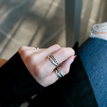 SHANICE Mulheres 925 Prata Esterlina Abrir Anéis de Cadeia Transversal Ajustável Anéis de Dedo do Estilo de Coreia, Jóias de Prata