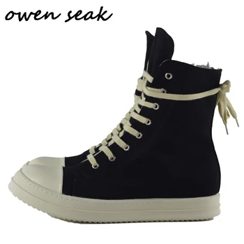 Owen Seak Homens Casuais Sapatos de Lona de Luxo Formadores de Tornozelo Botas de Laço Tênis Zip de Alta-TOP Hip Hop e Streetwear Flats Sapatos Pretos