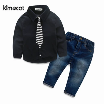 Kimocat a Primavera e o Outono 2pcs Meninos Conjunto Camisa+Jeans Inglaterra Estilo Cavalheiro Crianças Roupas de Bebê, Roupas de Crianças com Laço