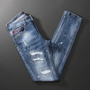 Recém-Designer Dos Homens De Moda Jeans De Alta Qualidade Retro Luz Azul Patches Ripped Jeans, Calças De Elástico De Ajuste Fino Vintage Calças Compridas