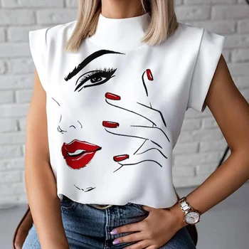 Moda das Mulheres Elegantes Lábios de Impressão Tops e Blusas Camisas de 2021 Verão Senhoras Office Casual fique Pescoço 