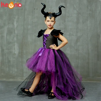 Halloween Malévola Evil Dark Queen Meninas Tutu Vestido com Chifres Bruxa malvada Crianças Cosplay de Festa Vestido de baile Traje de Roupas Extravagantes