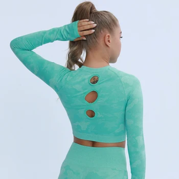 Nepoagym Mulheres Novas Cores de Camuflagem Perfeita Long Sleeve Top de Cultura Elástico das Mulheres Atlético Camisas de Treino de Yoga
