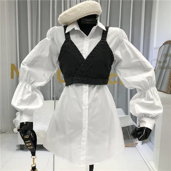 2020 Primavera vestido de mulher coreano Cintura fina Curativo Colete Jeans e vestido Branco Puff Manga verão senhora vestidos LQ32
