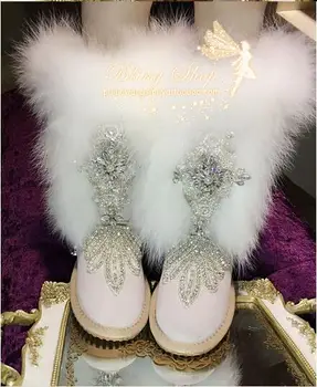 Original Strass Pesados de Luxo Inverno Pele de Raposa Grama Aumento de Botas de Neve de Inverno de Couro de Alta Sapatos femininos