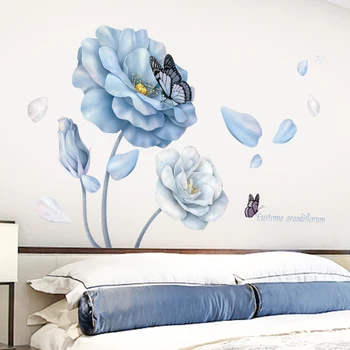 126*86 cm Grande Flor Azul Adesivos de Parede para sala de estar, Quarto, Sofá-Fundo de Borboleta de Vinil autocolantes de Parede Eco-friendly Mural