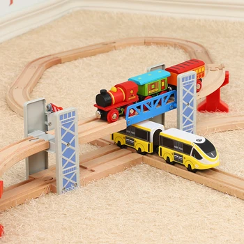 Trem de madeira Faixas Ferroviária Conjunto de Brinquedos de Madeira de dois andares de Ponte de Madeira Acessórios Viaduto Modelo de Criança Brinquedos para Crianças Presentes