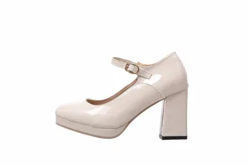 2020 Nova Mary Jane Mulheres Sapatos de Mulher Deslizamento Superficial Pulseira de Fivela Casual Sapatos Grossos sapatos de Salto Alto Tamanho Plus Sólidos de Couro Bombas