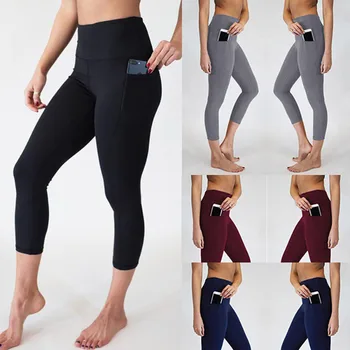 Fitness Legging Mulheres Trabalham Fora Bolsos Laterais de Poliéster Sólido Calças de Cintura Alta Elasticidade Senhora Legging Nono calças