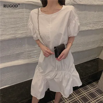 RUGOD Novo Manga dobras do vestido de verão de 2019 solta slim O pescoço roupas de verão para as mulheres versão coreana vestido casual