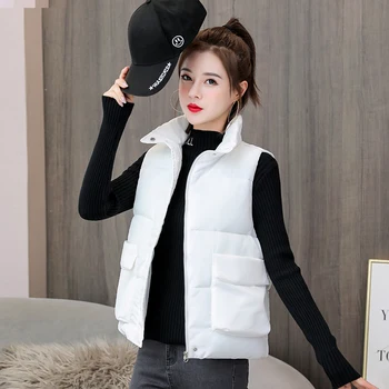 Mulheres Oversize Colete 6 cores 2020 Inverno Nova-coreano Zíper Colete de Moda Feminina cor Sólida Cintura Algodão Jaqueta Colete Mulheres
