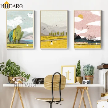 Cenário colorido Menina Imprimir o Cartaz Giclee cor-de-Rosa Amarelo Paisagem Tela de Pintura de Parede Imagens de Arte de Decoração para Sala de estar