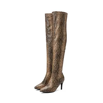 QUTAA 2020 Snakeskin PU Couro Fino Calcanhar de Outono Inverno Over The Knee Boots com Zíper Moda Pontiagudo Dedo do pé Calçados femininos Tamanho 34-43
