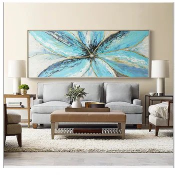 Belo fotogramas grande azul e flor do ouro Puro artesanal de lona da pintura a óleo pendurado na parede para sala de estar, quarto não enquadrado