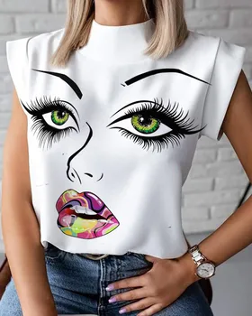Mulheres Elegantes Lábios de Impressão blusa camisas de Verão Casual fique Pescoço 