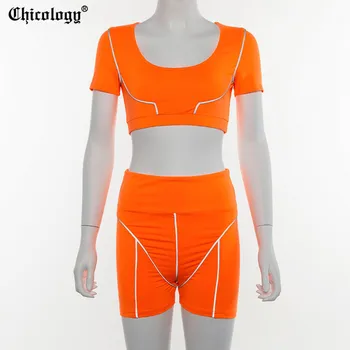 Chicology faixa reflexiva t-shirt crop top motociclista curto sexy mulheres de duas peças de conjunto de 2019 verão desportiva feminina de roupas