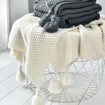 Nordic Sofá Jogar Cobertor Para Camas de Mão-de malha, Malha de Lã, um Cobertor de Lazer Mantas de Malha Robusta Cobertor Adereços Foto de Borla