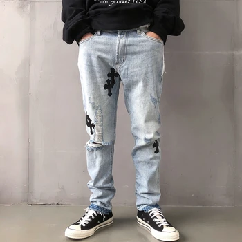 2021Men Jeans Moda Streetwear Bordado cruz Ripped Jeans Slim Calças de Harajuku Hip hop Gótico