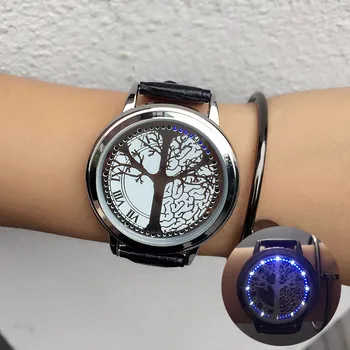 Moda Homens Relógios LED Tela de Toque do Relógio Exclusivo Padrão de Árvore Legal Assistir a Simples Mostrador Preto 60 Luzes Azuis Eletrônico Assistir