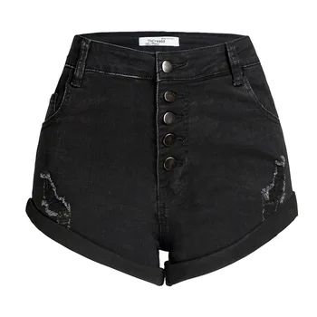 Mulheres curto calças de Brim das mulheres enrolado wide leg pants do verão das mulheres botão flanging puro preto de cintura alta jeans