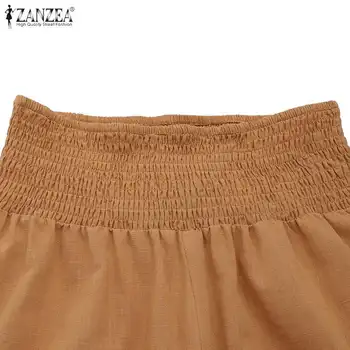 Casual Cintura Elástica Longo Pantalon Palazzo Feminino Sólido Calças de Algodão Mulheres de Outono Calças 2021 ZANZEA Vintage Wide Leg Pants