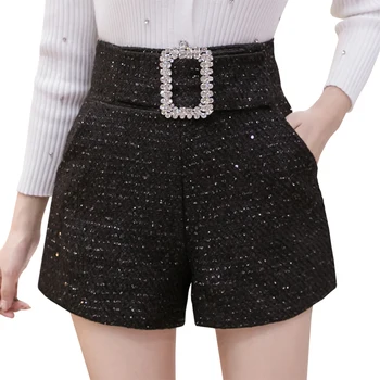 Moda shorts de tweed para as mulheres 2020 outono inverno novo lantejoulas mulheres negras shorts diamantes cinto de cintura alta largura de perna femme shorts