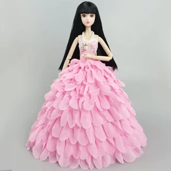 Cor-de-rosa Multi-camada de Vestido de Noiva Para a Boneca Barbie com Roupas Roupas de Princesa da Festa de Bola Longo Vestido de Noiva, Vestidos de Chapéu de Acessórios 1/6