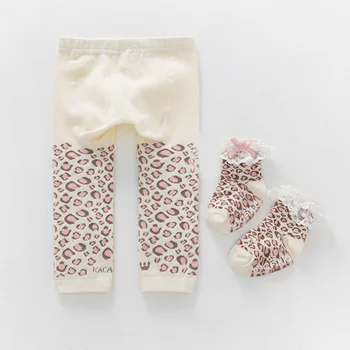 Marfim Algodão Legging Bebê Primavera, outono leparod de impressão calças de Crianças de 0-24m Crianças da criança Legging +meias conjunto