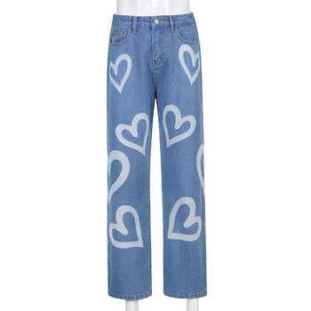 ALLNeon Coração do Vintage Gráfico Graffiti Folgado Y2K Jeans E-menina Estética Reta de Cintura Alta Calças compridas Outono de Jeans, Calças