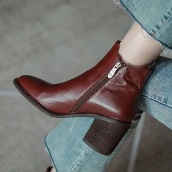 Mulheres de couro genuíno de espessura de alta calcanhar, dedo do pé redondo elástico slip-on chelsea boots outono quente luxuoso conforto curto botas sapatos