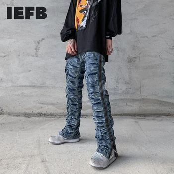 IEFB High Street Zíper Lateral Angustiado Esmagado Dobrar calças Jeans Homens Hip Hop Elástico na Cintura Reta Calças Moda Corredores 9Y4222